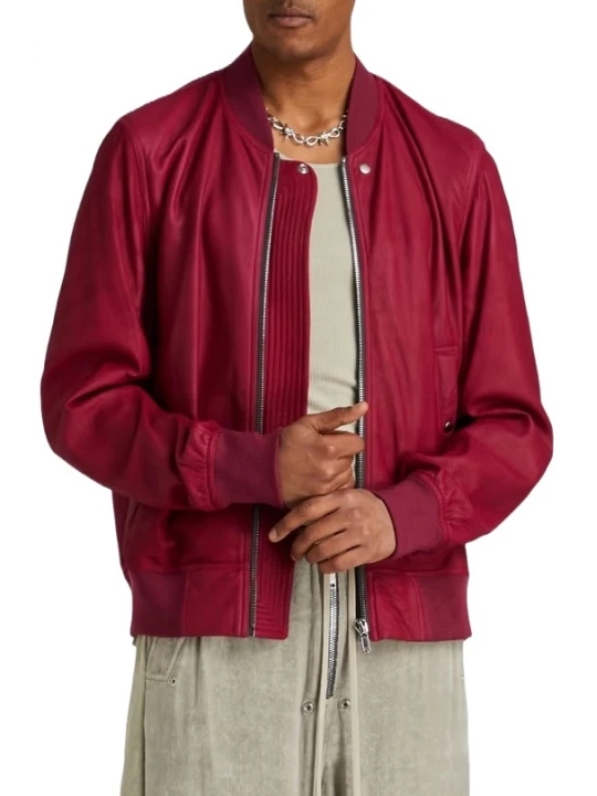 Zip Fastening Red Leather Bomber Jacket