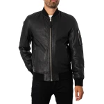 Zip Sleeve Compartment Black Leather Bomber Jacket