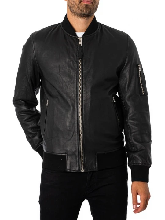 Zip Sleeve Compartment Black Leather Bomber Jacket