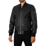 Zip Sleeve Compartment Black Leather Bomber Jacket