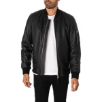 Zip Sleeve Compartment Black Leather Bomber Jacket