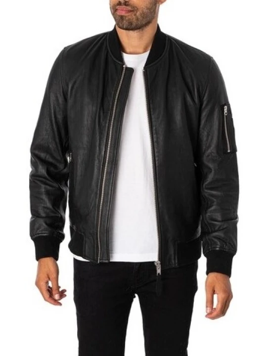 Zip Sleeve Compartment Black Leather Bomber Jacket