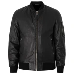 Zip Sleeve Compartment Black Leather Bomber Jacket