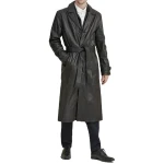 Belted Black Leather Long Coat