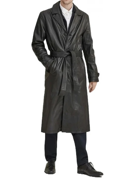 Belted Black Leather Long Coat