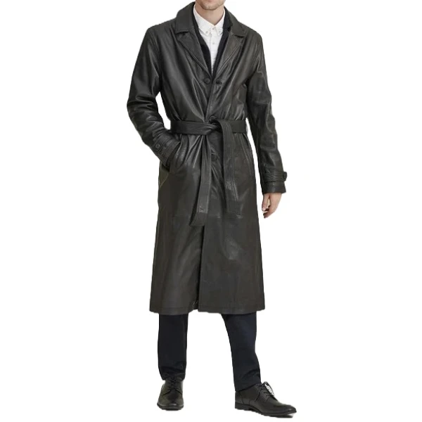 Belted Black Leather Long Coat