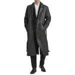 Belted Black Leather Long Coat