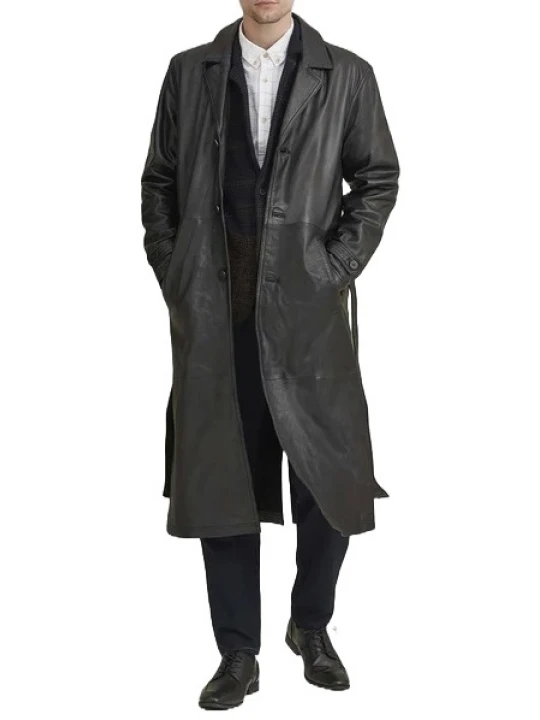 Belted Black Leather Long Coat