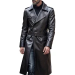 Belted Black Leather Trench Coat