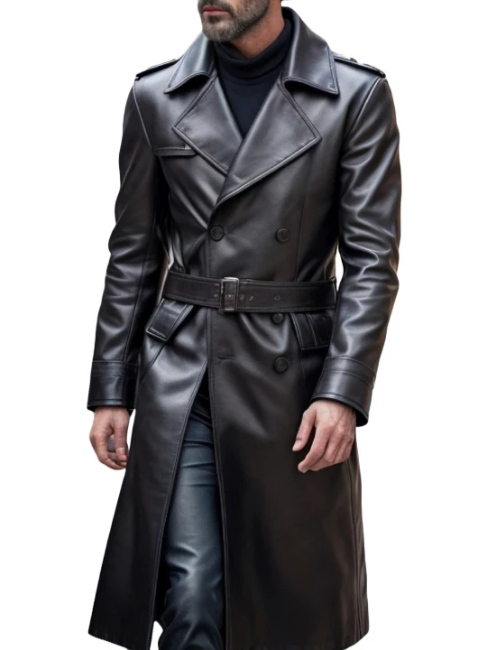 Belted Black Leather Trench Coat