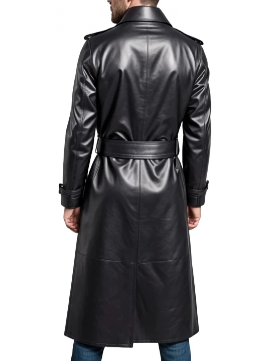 Belted Black Leather Trench Coat