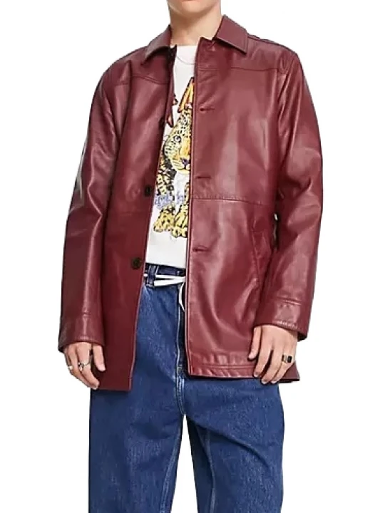 Belted Leather Trench Coat In Burgundy