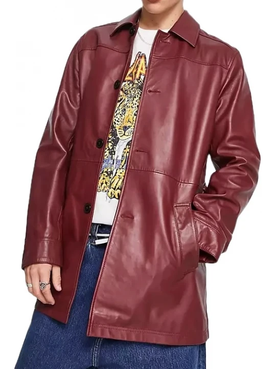 Belted Leather Trench Coat In Burgundy
