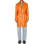 Belted Leather Trench Coat In Orange
