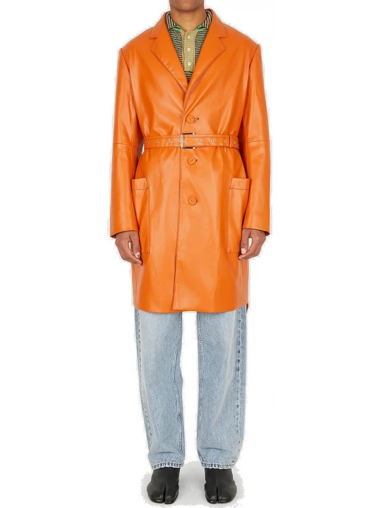 Belted Leather Trench Coat In Orange