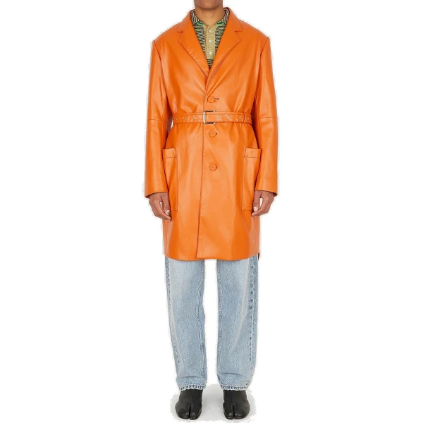 Belted Leather Trench Coat In Orange