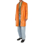 Belted Leather Trench Coat In Orange