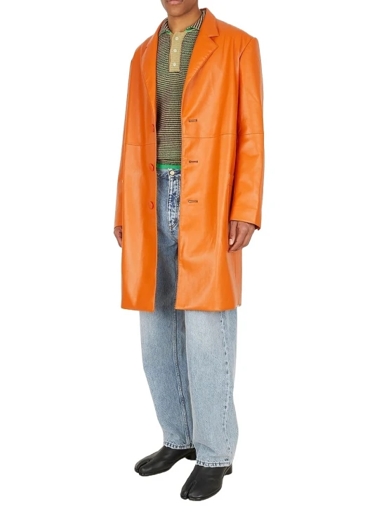 Belted Leather Trench Coat In Orange