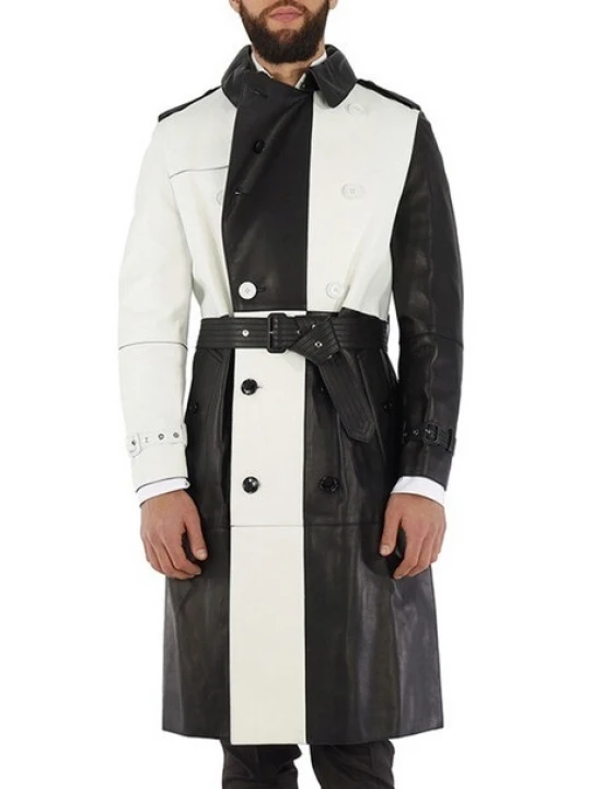 Black And White Panels Leather Overcoat