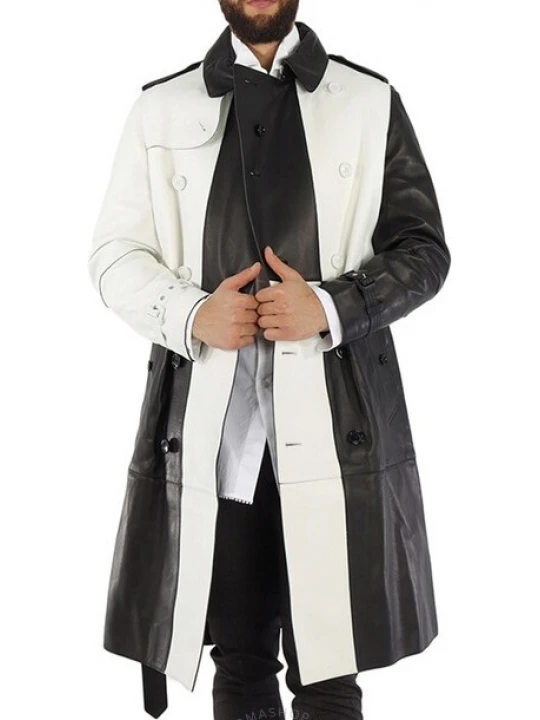 Black And White Panels Leather Overcoat