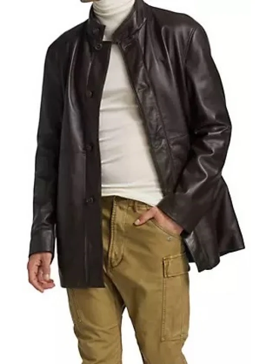 Black Leather Stand Collar Coat