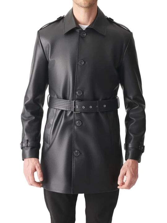 Black Mid Length Leather Overcoat