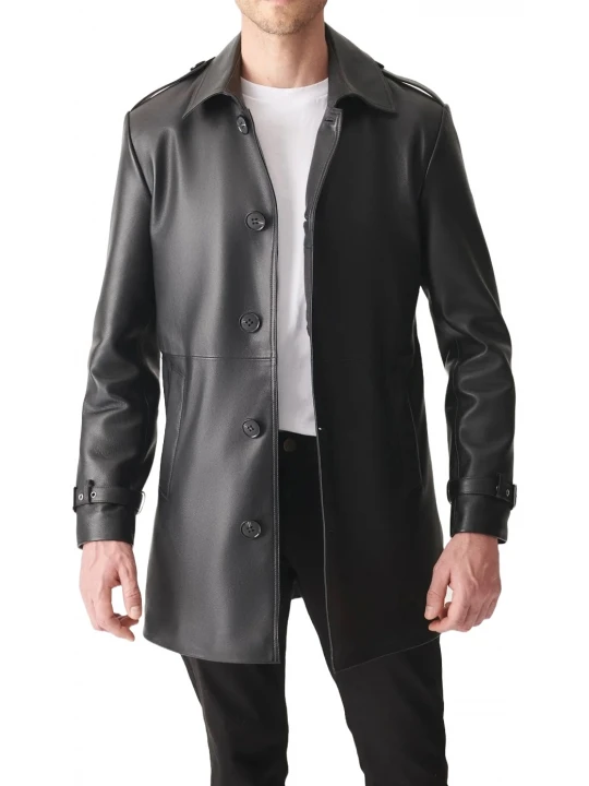 Black Mid Length Leather Overcoat