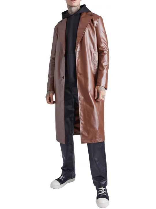 Brown Double Breasted Leather Trench Coat
