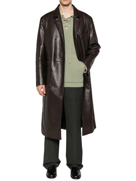 Brown Leather Double Breasted Overcoat