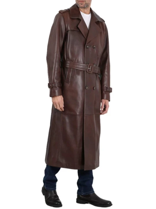 Brown Leather Full Length Trench Coat