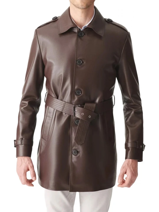 Brown Mid Length Leather Overcoat