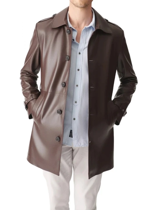 Brown Mid Length Leather Overcoat