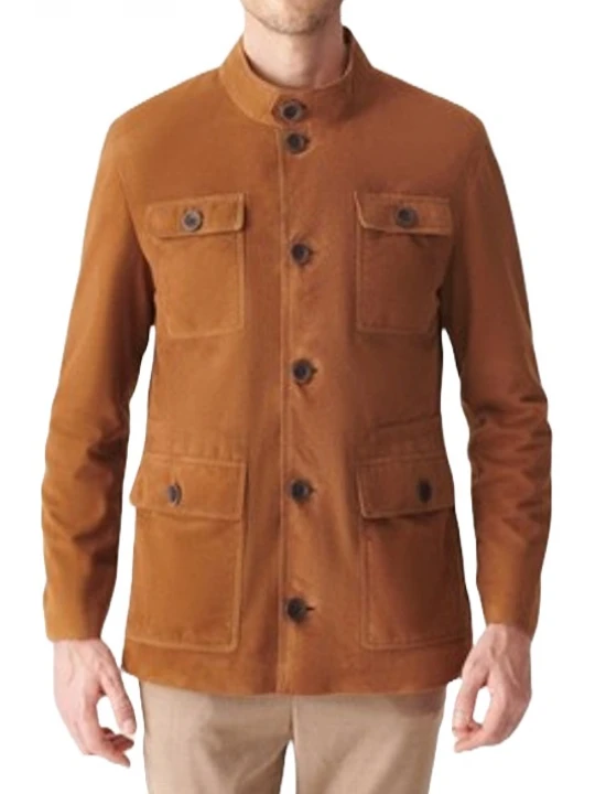 Button Front Camel Suede Leather Coat