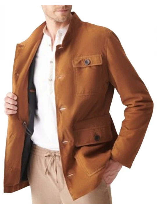 Button Front Camel Suede Leather Coat