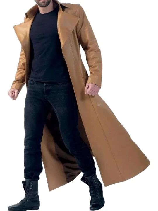 Collared Full Length Trench Coat In Cognac Leather