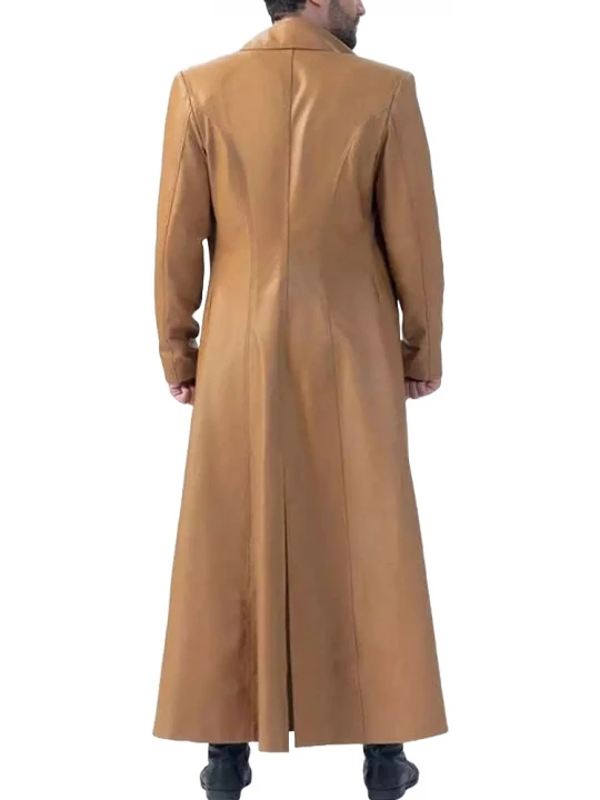 Collared Full Length Trench Coat In Cognac Leather