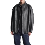 Covered Placket Black Leather Overcoat