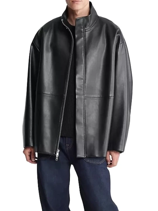 Covered Placket Black Leather Overcoat