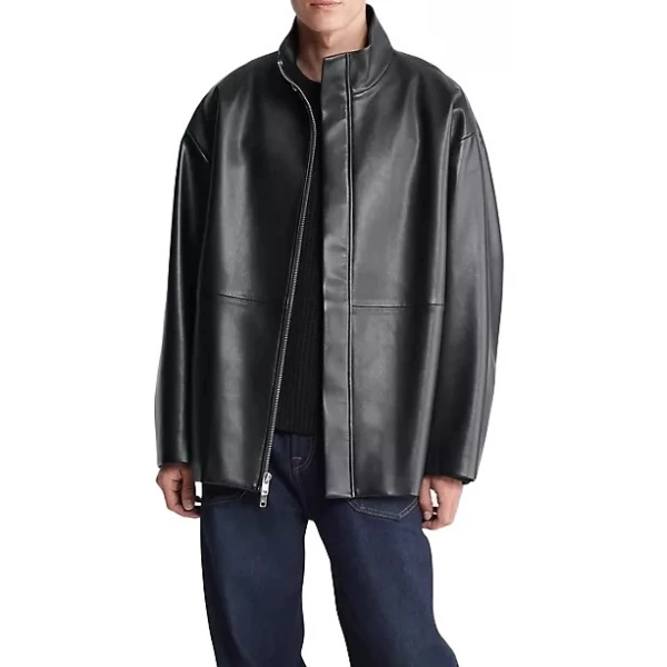 Covered Placket Black Leather Overcoat