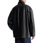 Covered Placket Black Leather Overcoat