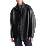 Covered Placket Black Leather Overcoat