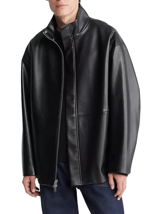 Covered Placket Black Leather Overcoat