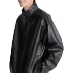 Covered Placket Black Leather Overcoat
