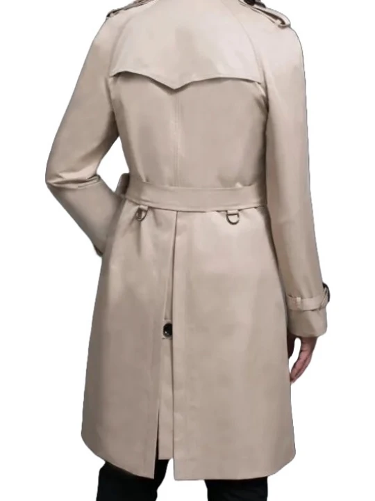 Double Breasted Beige Leather Long Coat