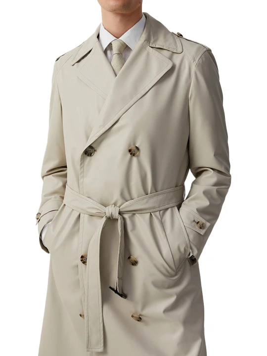 Double Breasted Beige Leather Overcoat