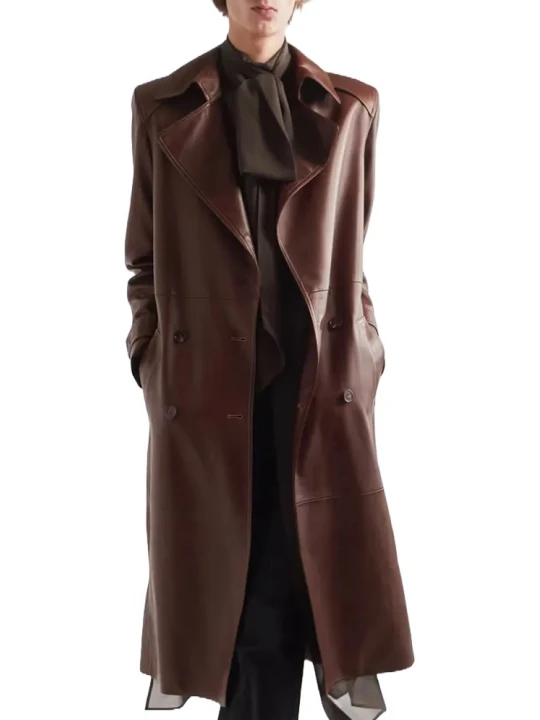 Double Breasted Brown Leather Trench Coat