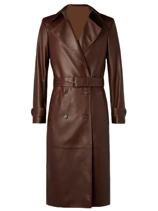 Double Breasted Brown Leather Trench Coat