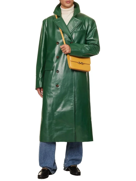 Double Breasted Green Leather Trench Coat