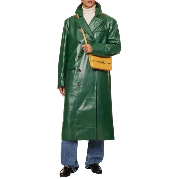 Double Breasted Green Leather Trench Coat