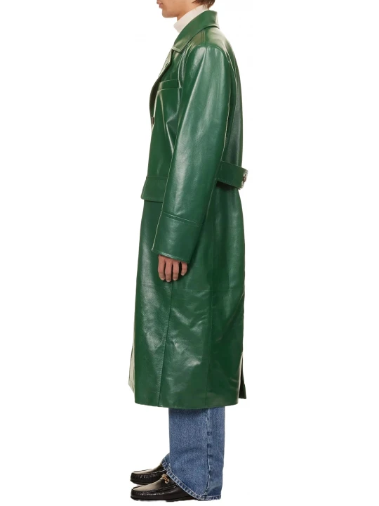 Double Breasted Green Leather Trench Coat